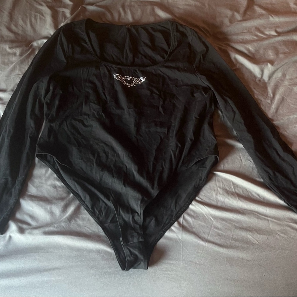 Black Long Sleeve Bodysuit with Rhinestone Detail